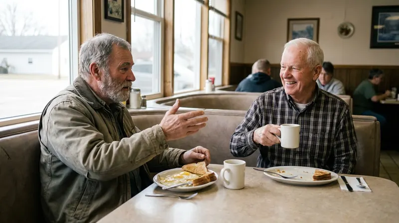 Two men in their late sixties talking over coffee and eggs in a small-town diner booth on a Saturday morning