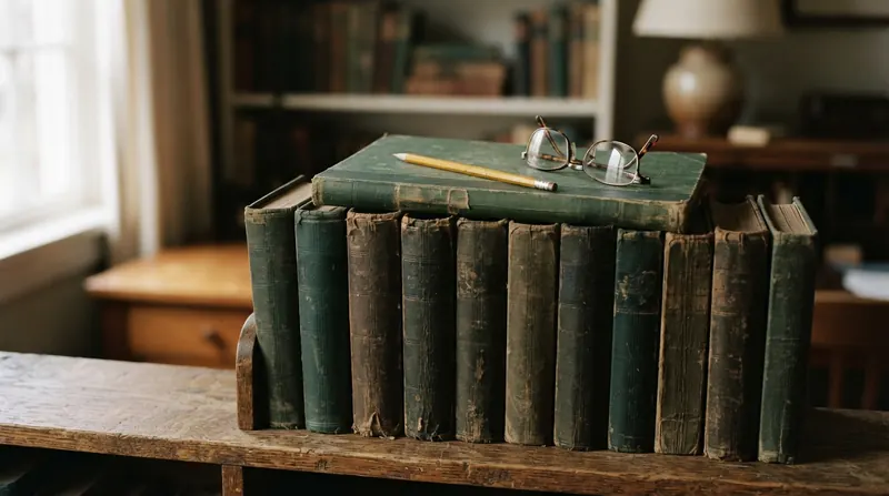 A row of old cloth-bound ledgers on a wooden shelf with a pencil and reading glasses on top