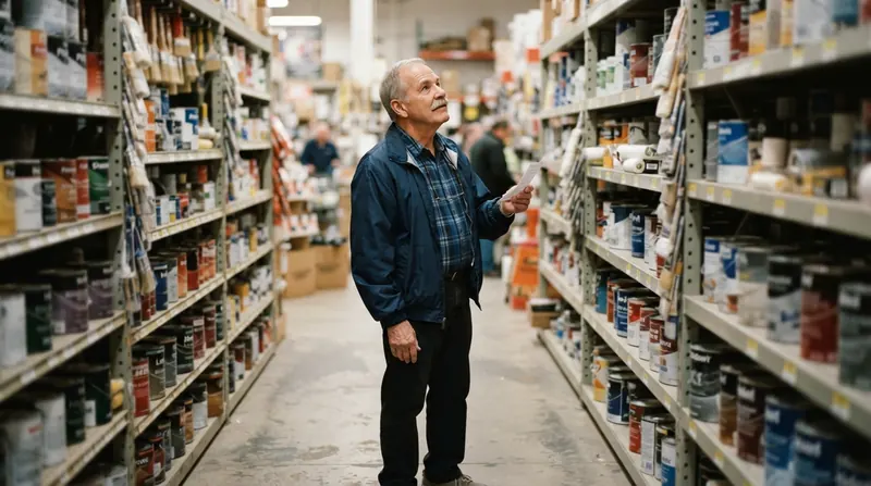 An older man standing in a hardware store aisle with a folded paper list, looking up at the shelves