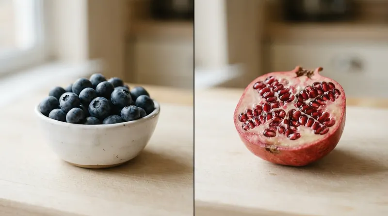 A split image with a bowl of fresh blueberries on the left and a halved pomegranate on the right