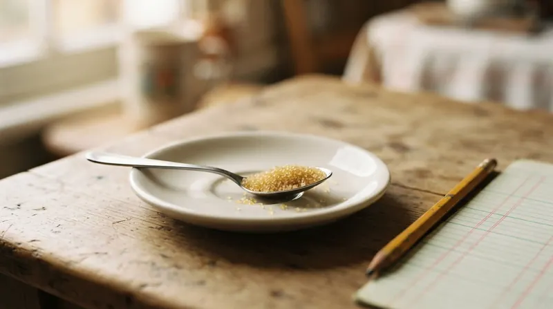 A half teaspoon of raw cane sugar on a white saucer beside a pencil and the corner of a ledger page