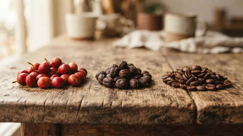 Fresh red coffee cherries, dried coffee cherries and roasted coffee beans in a row on a wooden table
