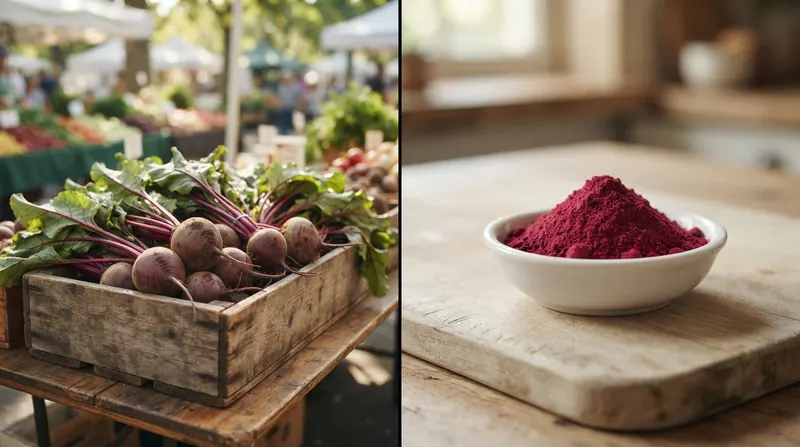 A split image with fresh beets in a crate at a market on the left and a small dish of red beet powder on the right