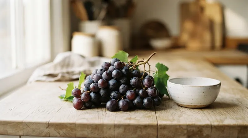 A bunch of ripe dark purple grapes beside a white bowl on a wooden kitchen counter