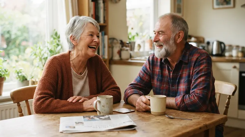A married couple in their late sixties laughing together over coffee at a kitchen table on a Saturday morning