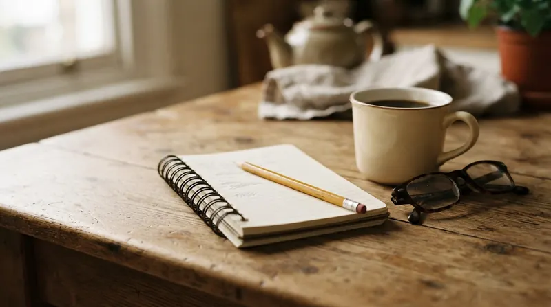 An open pocket notebook with a few short pencil lines, a pencil, reading glasses and a mug of coffee on a kitchen table