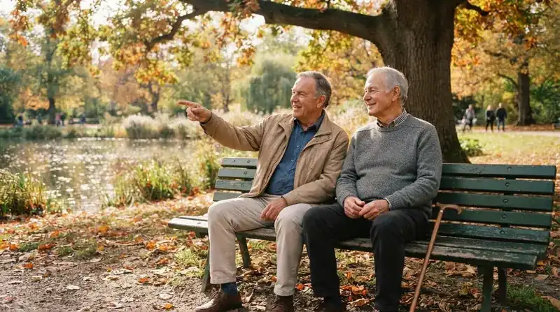 Two older men talking on a park bench under an oak tree on a sunny autumn afternoon
