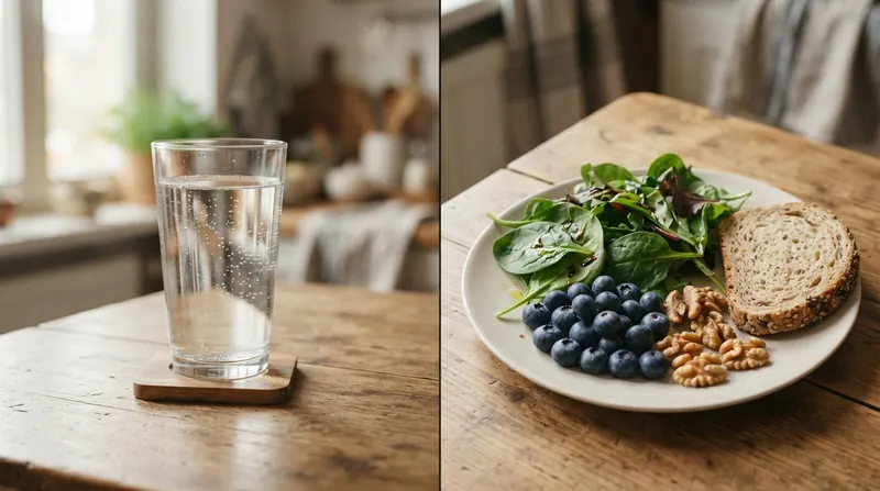 A split image with a glass of water on the left and a plate of greens, berries, walnuts and whole-grain bread on the right