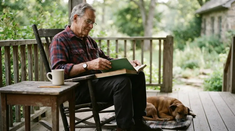 An older man on a porch chair closing a green ledger on his lap, with a coffee mug and his dog nearby