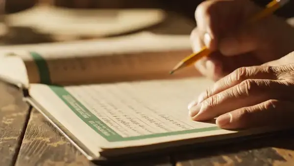 An older man's hand drawing a double line under a column in a green-ruled ledger