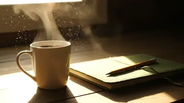 Steam rising from a mug of black coffee beside a closed green ledger and a pencil on a kitchen table