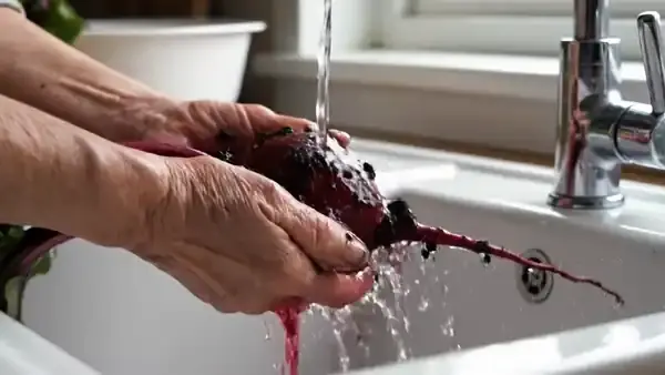 Weathered hands scrubbing a fresh red beet under running water at a kitchen sink