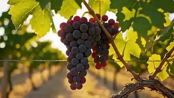 A cluster of dark purple grapes swaying slightly on a sunny vine