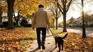 A man in a canvas jacket walking a brown dog along a quiet tree-lined street on an autumn morning