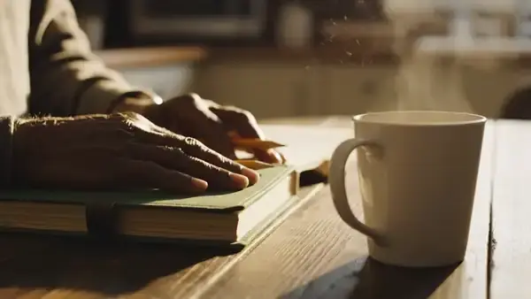 Weathered hands closing a green ledger and laying a pencil on top of its cover